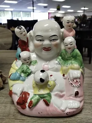 Chinese Asian Laughing Happy Buddha With Climbing Children Porcelain Vintage • £50.36