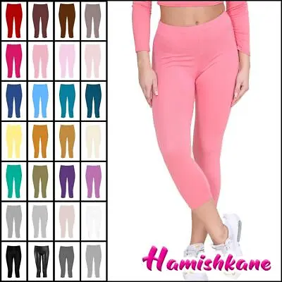 Womens Crop Leggings Plain 3/4 Length Gym Workout Yoga Active Ladies Capri Pants • £6.93