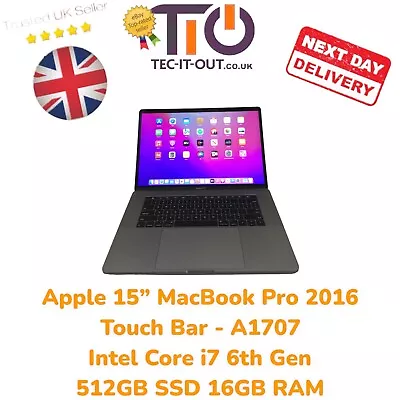 Apple 15  MacBook Pro 2016 Touch Bar Intel I7 6th Gen 512GB SSD 16GB RAM - A1707 • £99.99