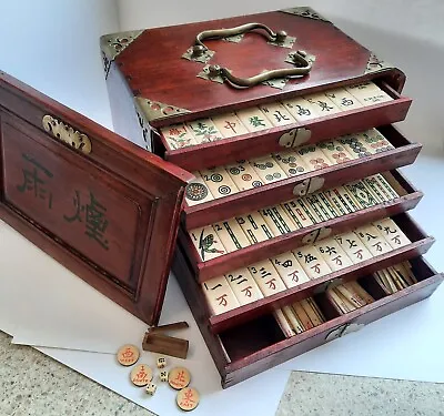 1920's Mahogany Boxed 144 Bone & Bamboo Tile Mahjong Set • £349