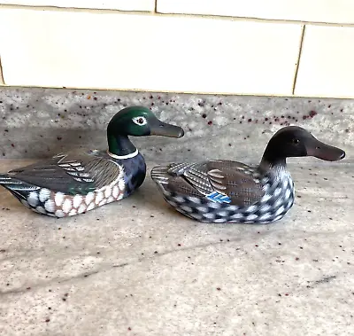 Vintage Wooden Mallard Ducks Pair Hand Carved Hand Painted Decoy Glass Eye • £59