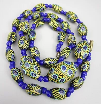 Beautiful Vintage Venetian Yellow & Blue Millefiori Glass Bead 24  Necklace  • $55