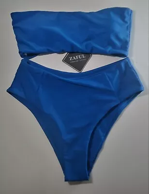 ZAFUL Women's Small 2Pc Bikini Solid Blue Strapless Bandeau Top Cheeky Bottoms • $14