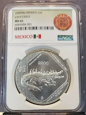 2000 Mexico Silver 5 Pesos S5p Crocodile Ngc Ms 66 Gem Bu Cocodrilo De Rio • $129.95