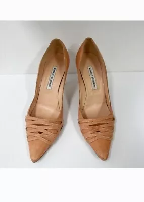 Manolo Blahnik Langir 105 Peach Leather Pointed Toe Pump Size 40 • $180