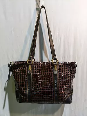 Authenticated Marino Orlandi XL Rich Brown Patent Leather Croc Embossed Tote • $84.99