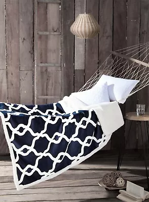 Navy Reversible Sherpa Fleece Throw Blanket: Moroccan Trellis Design 50x60 • $29.99