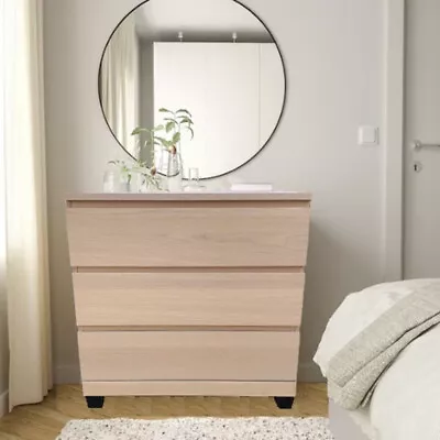 Ikea White Oak 3 Drawer Bedroom Chest Mounted On Square Tapered Black Legs • $225