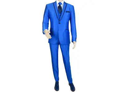 Mens Tuxedo Formal Suit ROYAL DIAMOND Slim Fit 3Pc Vested Shiny Satin SL83 Blue • $74.99