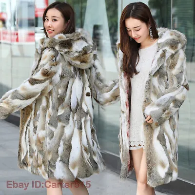 100% Genuine Natural Real Rabbit Fur Coat Hood Women Warm Winter Long Jacket • $114.99