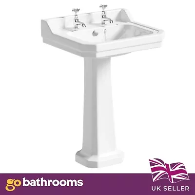 Traditional Hand Wash Basin & Pedestal Victorian Ceramic 2 Hole Bathroom Sink • £153.47