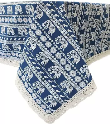 Lammuda Tablecloth Round 60  Blue White India Elephant Print Crochet Lace Trim • $19.95