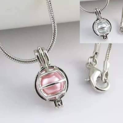 Netball Cage Diffuser Pendant Necklace 46cm Select Pink Or Blue Pearl • $12.95