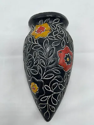 Vintage Tokanabe Pottery Wall Pocket Vase Black Japanese Clay- Textured Design • $21.99