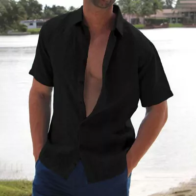 Mens Casual Button Down Shirts Short Sleeve Beach Linen Cotton Summer Shirt❀ • $12.45