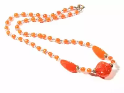 16  Vintage Czech Necklace Semi Translucent Orange Depression Glass Beads • $20