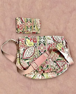 Retired Vera Bradley Pinwheel Pink Messenger Bag Crossbody  & Wallet Pink Green • $30