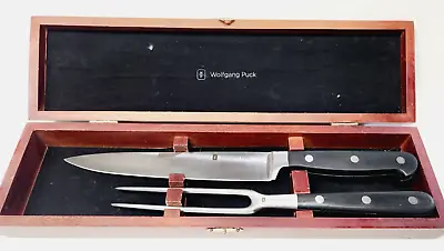 Vintage? Wolfgang Puck Two Piece Carving Set Knife Fork In Wooden Case Stainless • $24