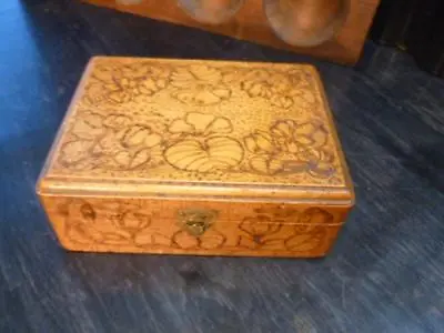 Antique Pyrography Decorated Burnt Wood Water Lily 5  X 6  Hospital Craft Box • $13.99