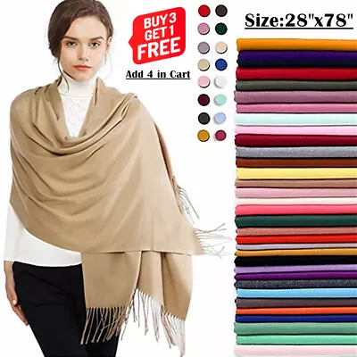 Women 2Ply 78X28 Solid Silky Pashmina Shawl Wrap Stole Wool Feel Blend Scarf • $8.99