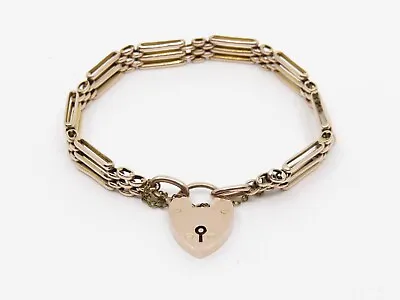 Ladies 3 Bar 9ct Gold Gate Bracelet Safety Chain And Heart Shaped Padlock 9.25g • £220