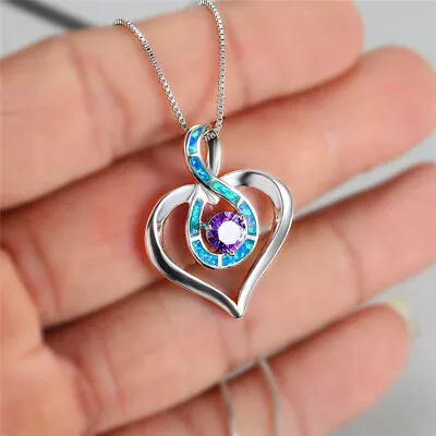 Luxury Fashion Silver Heart Hollow Rainbow Simulated Opal Pendant Necklace • $0.52