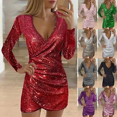 $31.99 • Buy Women Sexy Mini Dress Sequin Glitter Bodycon Dress Evening Party Cocktail Gown 1