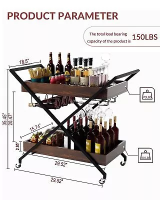 2-Tier Bar Trolley With Glass Shelves And Wine Rack Mobile Table And Wine Cart • $52.20