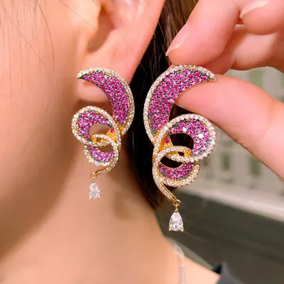 Gold Plated Hot Pink Zircon Symmetrical Ribbon Long Drop Earrings Party Jewelry • $11.49