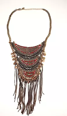 $15.40 • Buy Zara Fashion Statement Necklace Bead Metal Lace Tassel Choker Antique Gold Tone