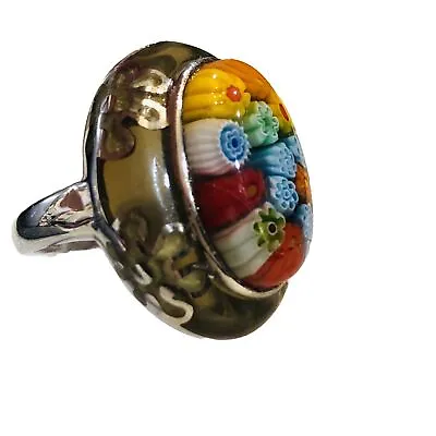 VTG Alan K (Millacreli) Millefiori Murano Oval Art Glass Ring Floral Women Sz 6 • $185