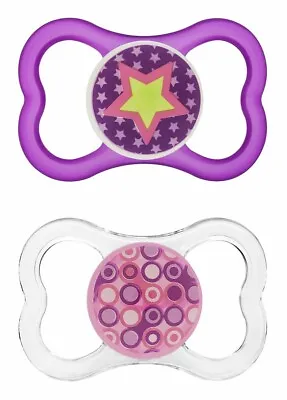 MAM Air Orthodontic Silicone Soothers/Pacifiers 6m+ Purple Stars/Pink Spots • £12.99