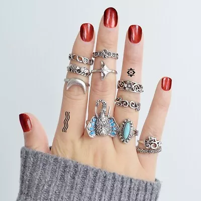 11 Pcs Jewellery Antique Silver Moon Fish Tail Elephant Turquoise Rings Set Gift • $2.98