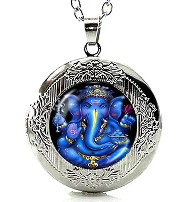  Silver Tone Glass Cabochon Lord Ganesh Ganesha Locket Pendant Necklace  • $9.95