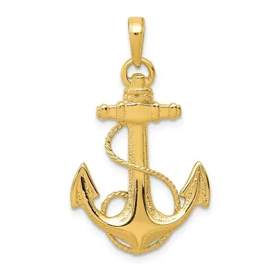 14k 14kt Yellow Gold Anchor With Rope Pendant 33mm X 20mm • $278