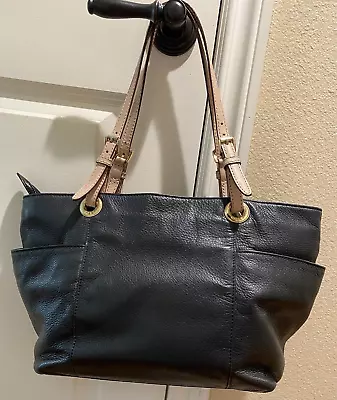 Michael Kors Black Pebble Leather Jet Set Tote Tan Straps Gold Hardware  • $29.99