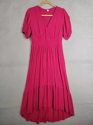 Old Navy Maxi Dress Small Hi Low Hem Magenta Pink V Neck Puff Sleeve Midi • $14.99