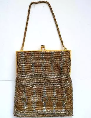 Vintage WHITING & DAVIS STYLE GOLD SILVER MICRO BEAD EMERALD EVENING Purse Bag • $43