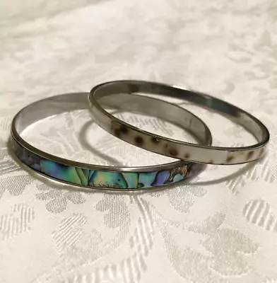 Vtg Abalone & Shell Inlay Bangle Bracelets Silver Tone Metal Set Of 2 • $10.85