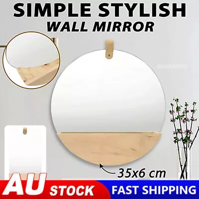 Round Wooden Bathroom Mirror W/ Storage Shelf Wall-Mounted Vanity Makeup Mirror • $49.81