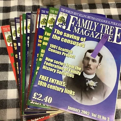 BUNDLE OF 11 FAMILY  TREE  MAGAZINES - 2002 Jan Feb Apr-Dec • £2.38