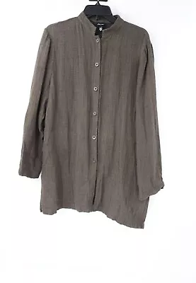 Eileen Fisher Shirt Jacket Women M Linen Blend Green Mandarin Collar Long Sleeve • $51.88