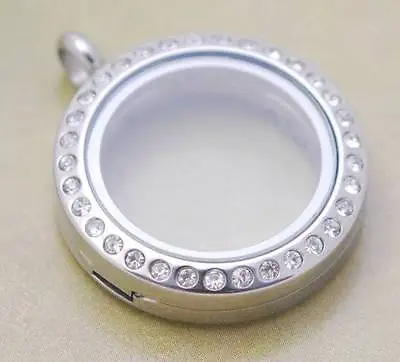 ROUND CRYSTAL LIVING MEMORY Floating Charm LOCKET STAINLESS STEEL ~PRO2 Silver~ • $11.25