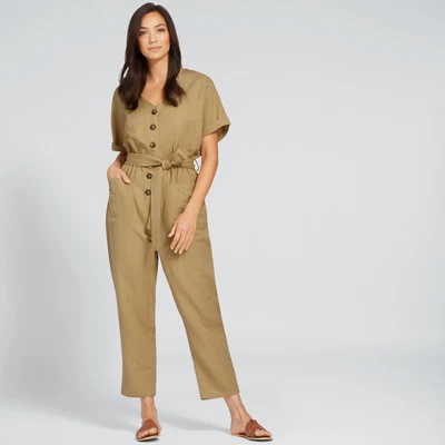 $20 • Buy SEED Cotton Linen Camel Button Up Textured Jumpsuit - Size 8