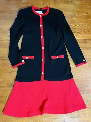 Vintage ADOLFO  Saks Fifth Ave Black Red Gold Buttons Santana Knit Midi Dress 8 • $49.99