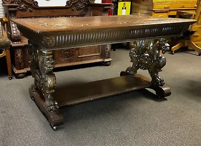 Victorian Horner Griffin Library Partners Table C.1880 Quarter Sawn Tiger Oak • $14995