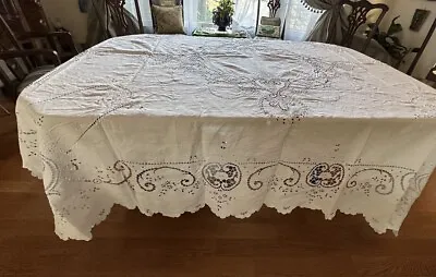 Vintage Italian Banquet Tablecloth Hand Embroidered Faces Cut Out Lace 94 X 87” • $149.98