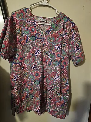 UA Scrubs Multicolor Paisley Print On Pink Scrub - Sz M • $3.99