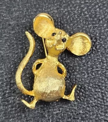 Dancing Mouse Signed Pin Brooch Vintage Gold Tone Black Eyes Tail Up • $10