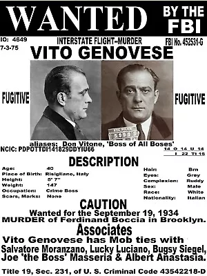 Vito Genovese  8x10 Wanted Photo Mafia Organized Crime Mob Mobster Picture • $5.99